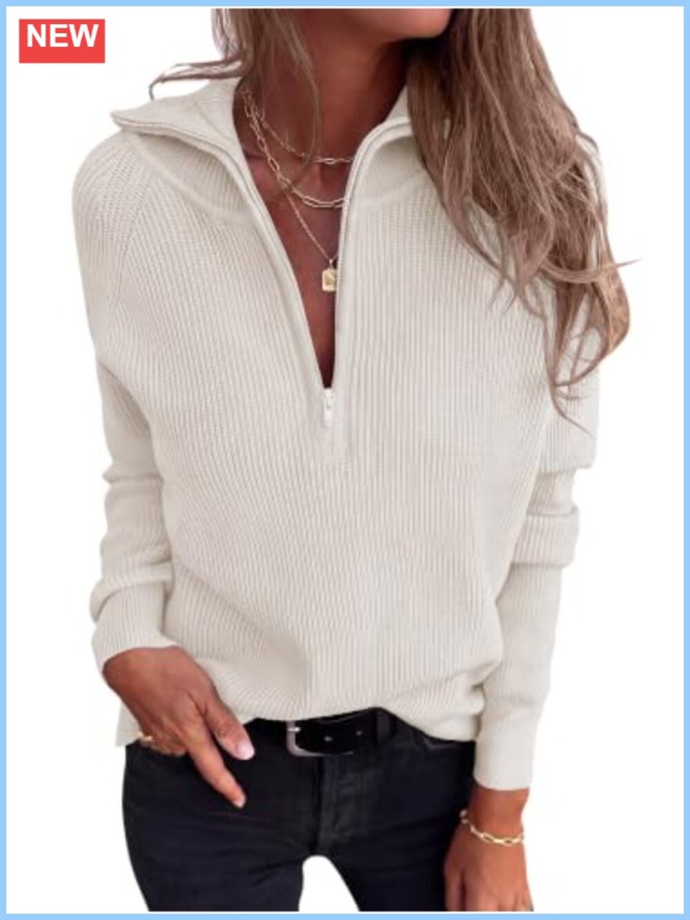 Women's Quarter Zip Pullover Sweater Ribbed Knit Long Sleeve